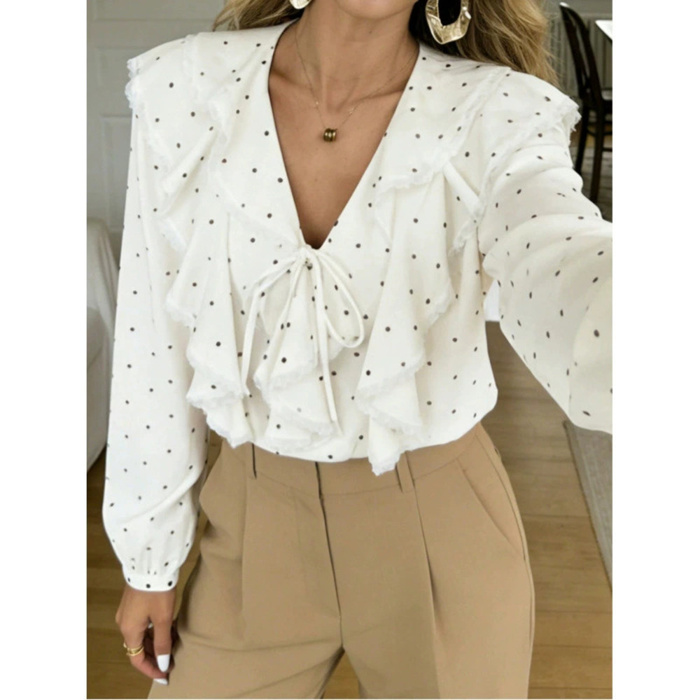 ZARA Chic French Ruffled Collar Polka Dot Blouse